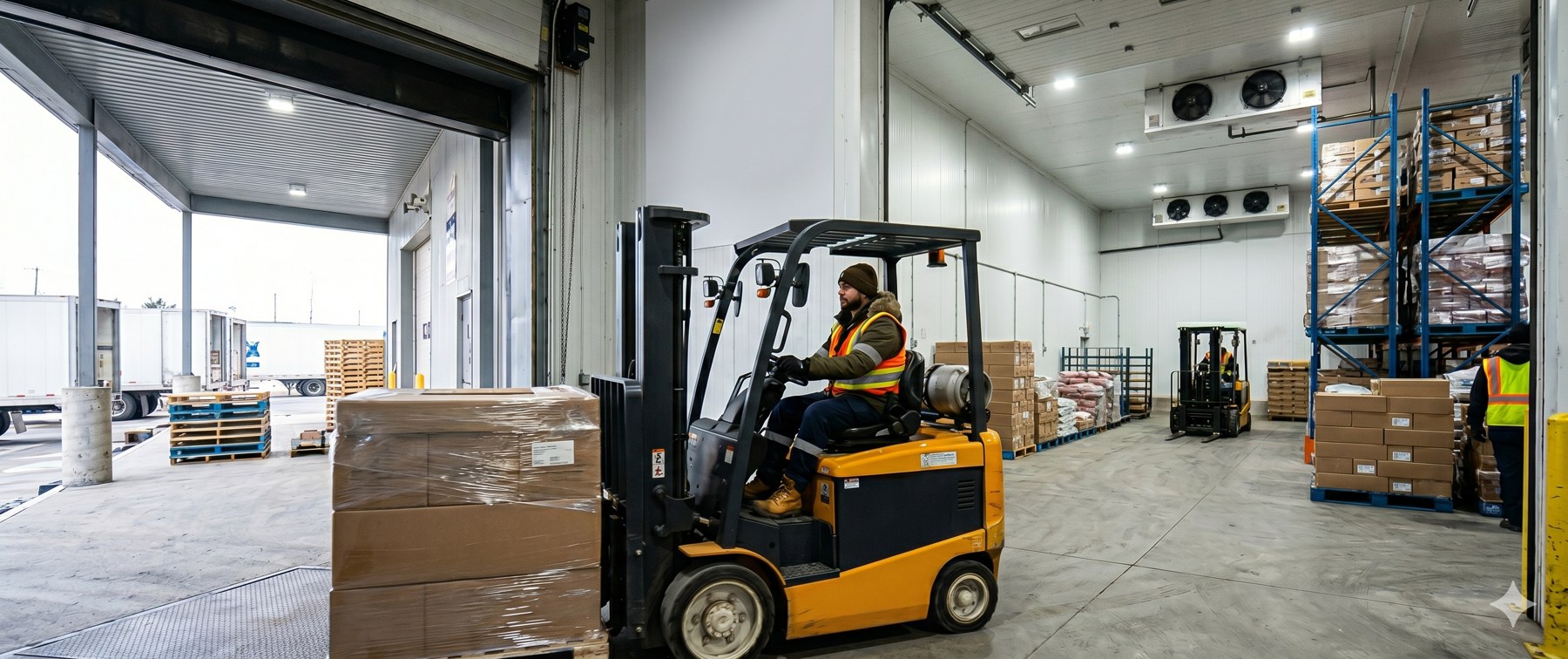 Forklift moving pallets inside a Cool Ocean Impex distribution facility