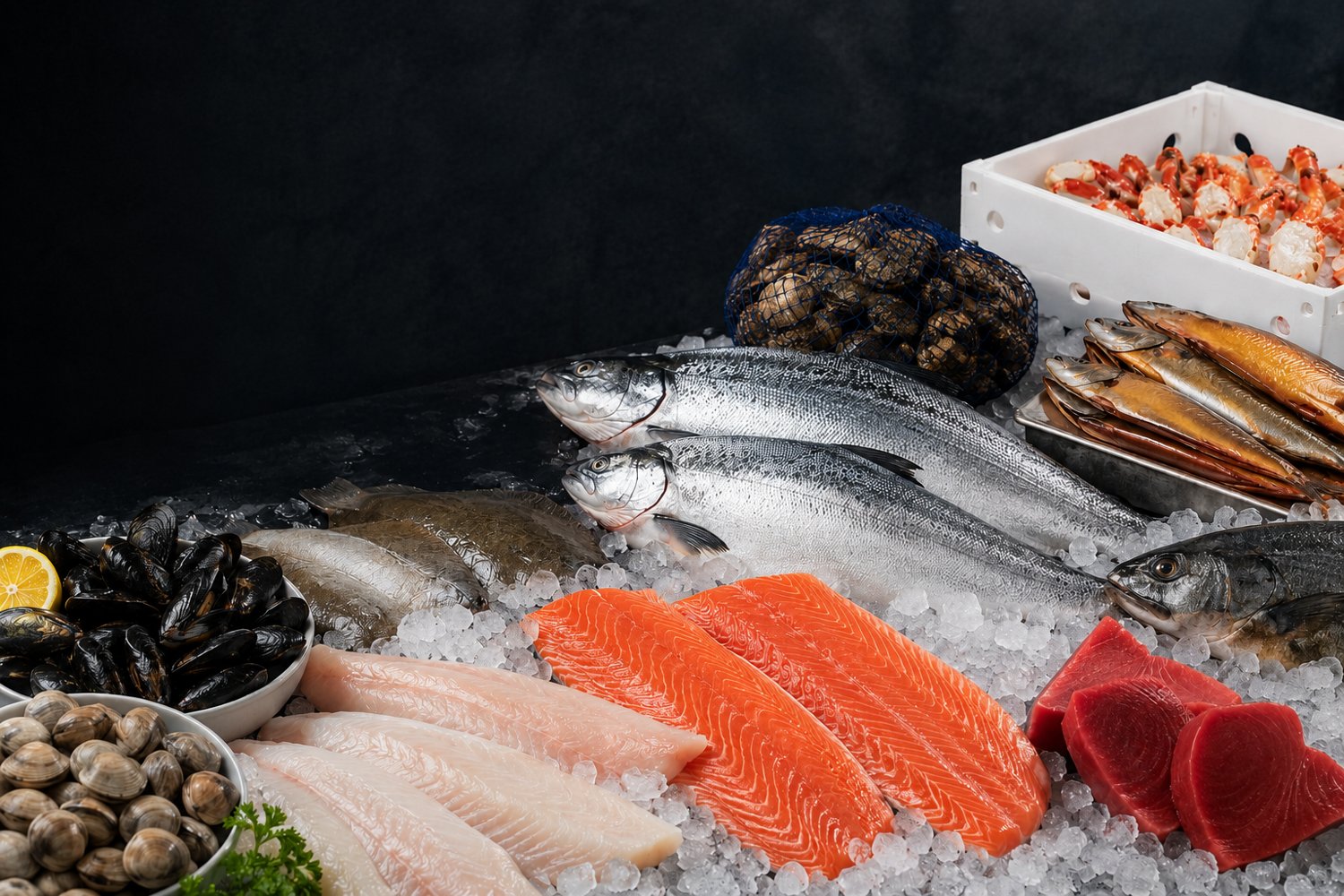 Fresh seafood, shellfish, and fillets on ice