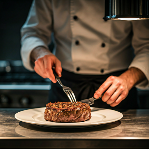 Chef plating a premium steak